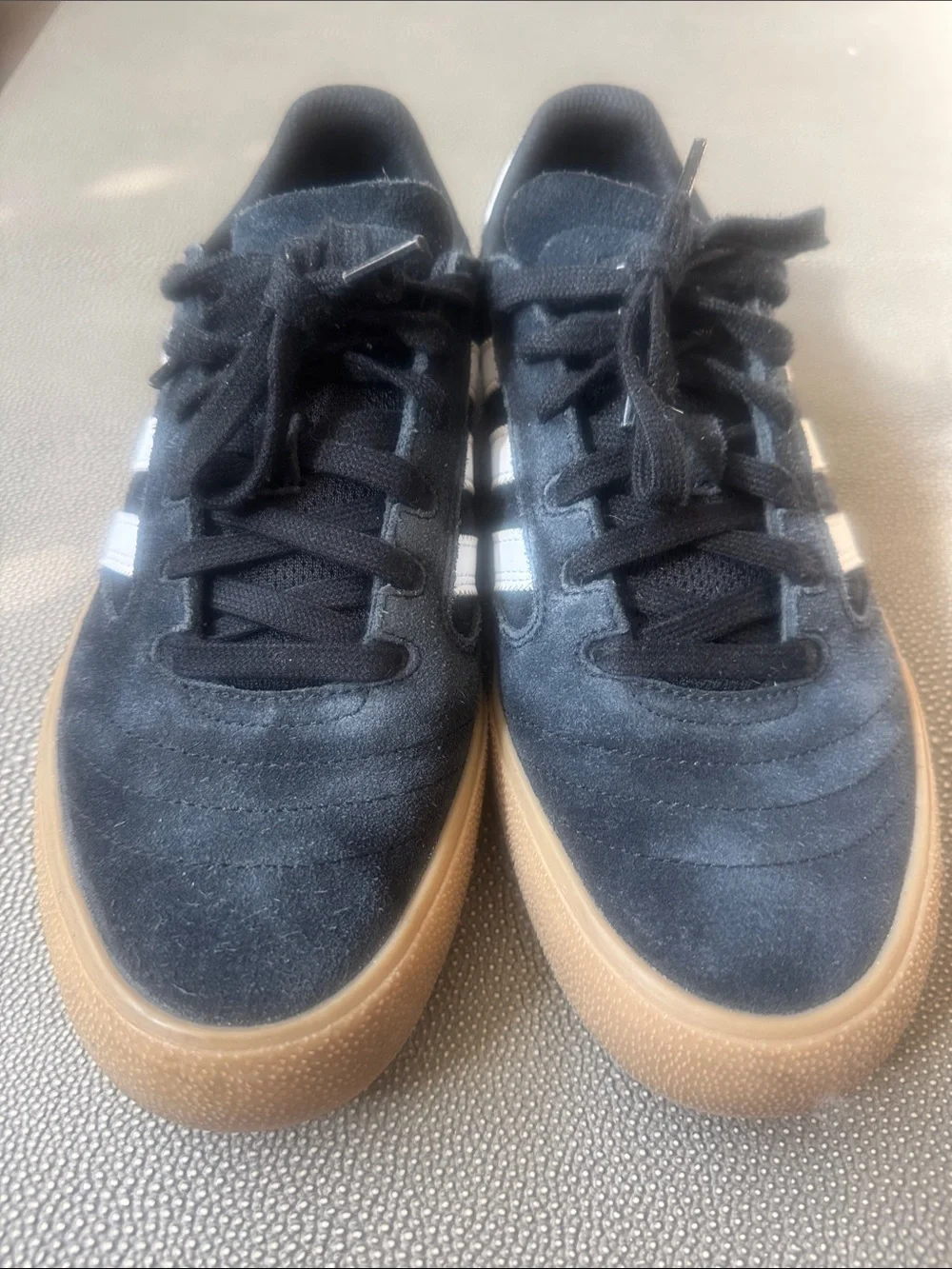 Men’s Adidas Busenitz Black Suede Sneakers with White Stripes and Gum Sole